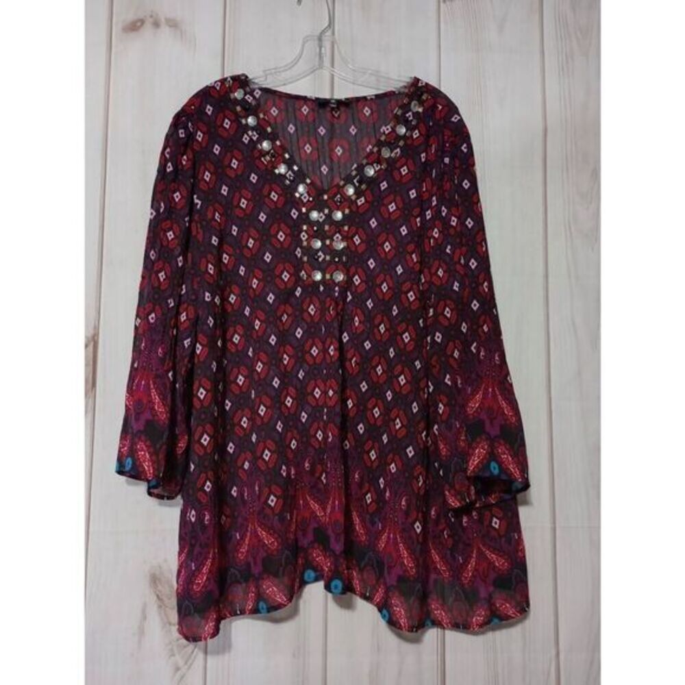 Fashion Bug Shirt Ladies 2x Semi Sheer Beaded Bohemian Tunic Top